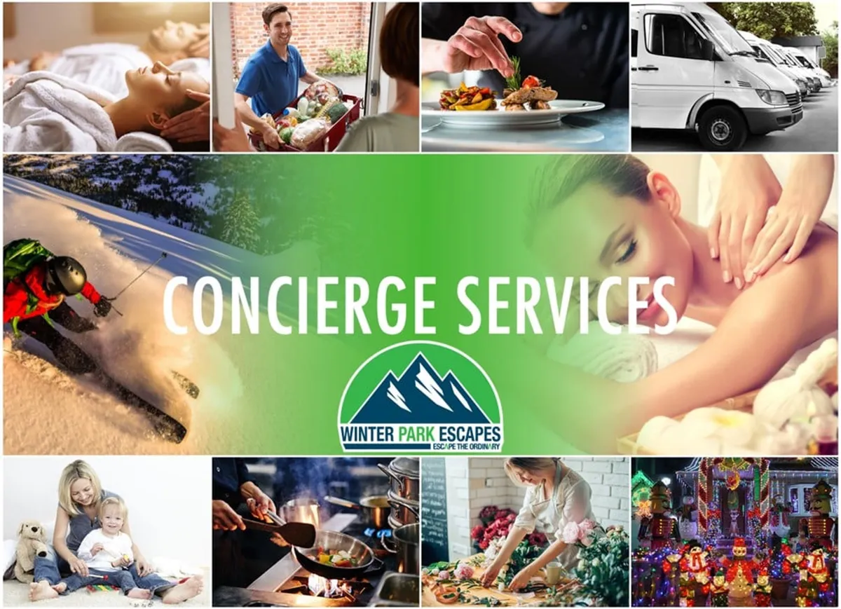 A dynamic collage scene featuring a family interacting during mealtime, skiing action, food preparation, spa treatments, and festive decorations. The variety of activities and joyful expressions evoke a sense of celebration, togetherness, and community.