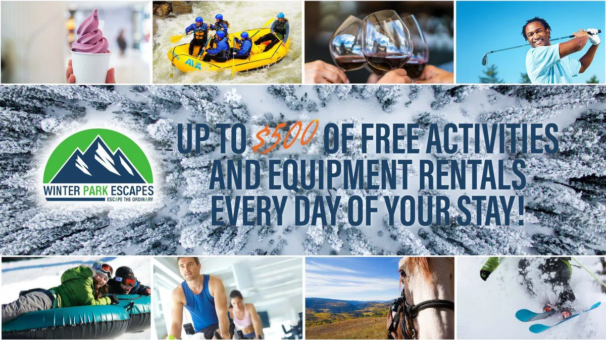 A lively collage of outdoor activities set against scenic Colorado landscapes, featuring people rafting on a rushing river, skiing down snowy mountains, enjoying gourmet dining, and relaxing at a spa. The image captures vibrant social interactions and a spectrum of four-season resort-style adventures.