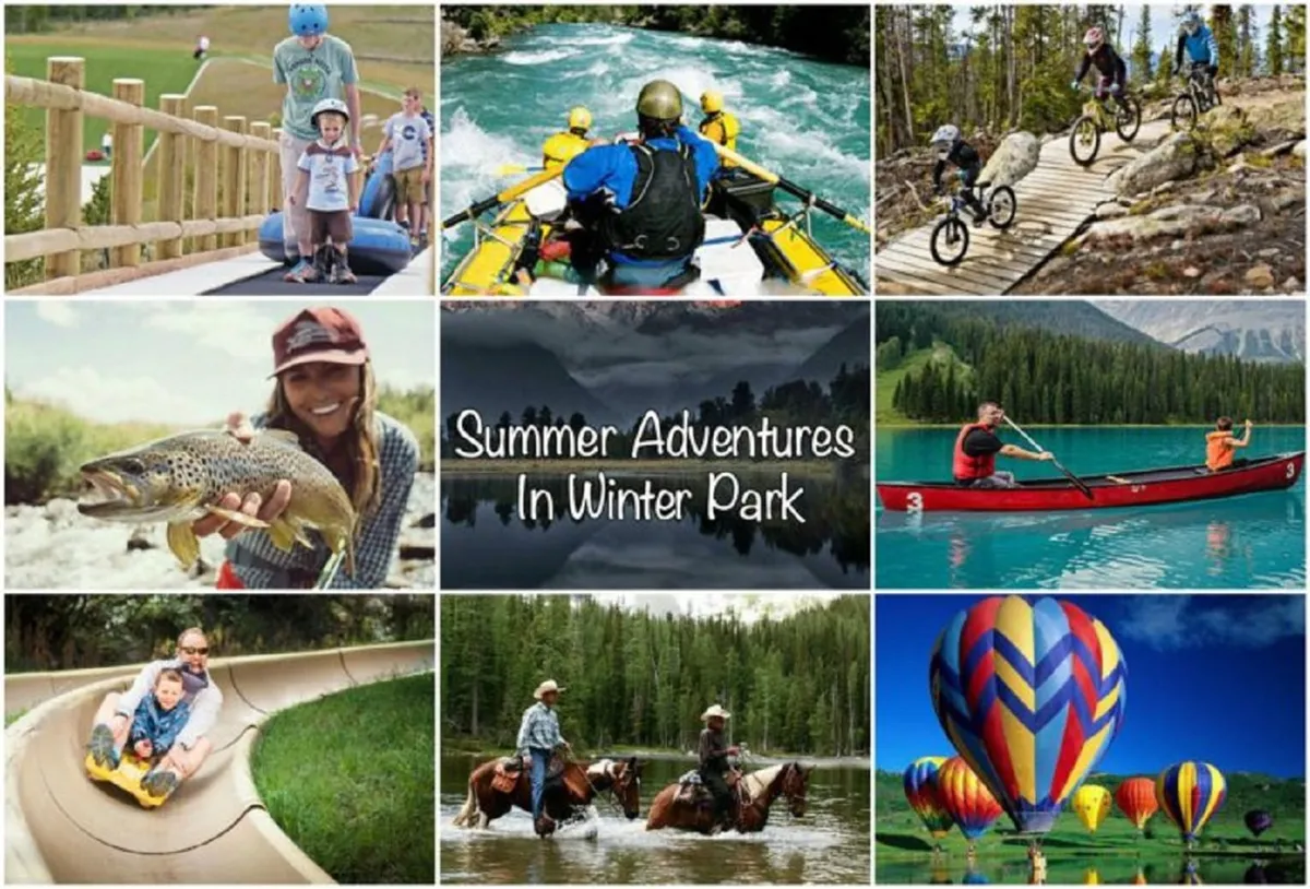 A vibrant exterior shot featuring families participating in summer outdoor adventures: rafting on clear water, biking through wildflower meadows, fishing, kayaking, horseback riding, and even watching hot air balloons float above a sunny landscape. The mood is energetic and joyful.